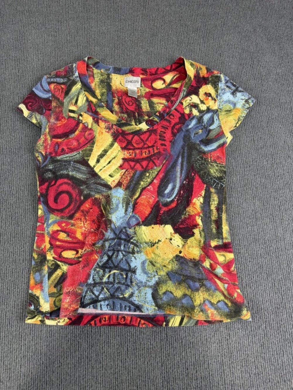 Chicos Womens Multicolor Abstract Print Short Sleeve V-Neck T-Shirt Size 1